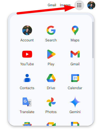 صورة توضح أيقونة الوصول لمنتجات وخدمات جوجل وانسدال قائمة بها أهم هذه الخدمات