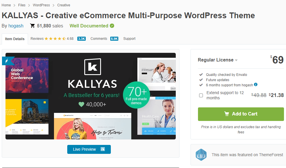 صورة شاشة من الموقع الرسمي لقالب Kallyas