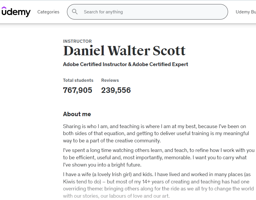 صورة شاشة من صفحة حساب Daniel Scott على يوديمي