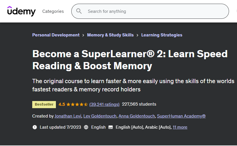 صورة شاشة من صفحة كورس Become a SuperLearner توضح أهم المعلومات حول الكورس