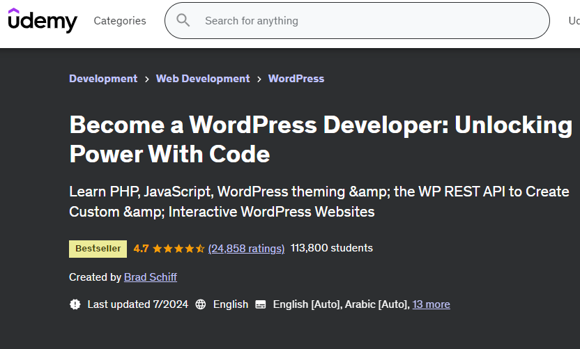 صورة شاشة من صفحة كورس Become a WordPress Developer توضح أهم تفاصيل الكورس