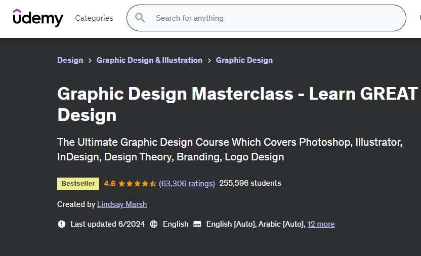 صورة شاشة من صفحة كورس Graphic Design Masterclass توضح أهم المعلومات عن الكورس