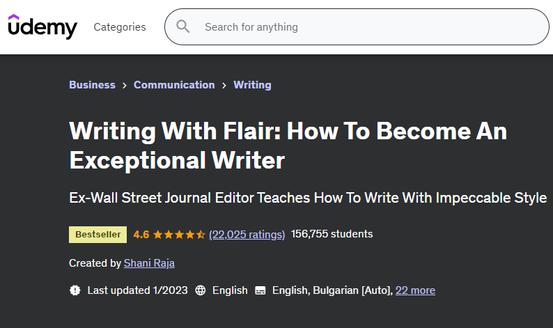 صورة شاشة من صفحة كورس How To Become An Exceptional Writer توضح اهم تفاصيله