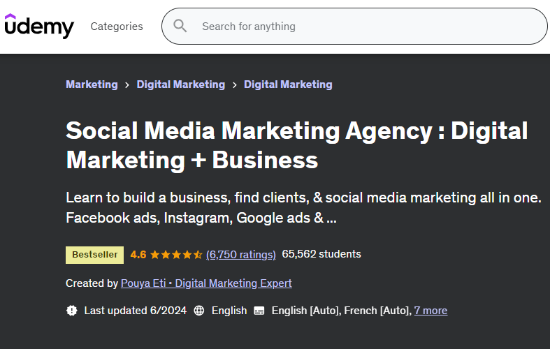 صورة شاشة من صفحة كورس Social Media Marketing Agency