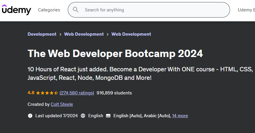 صورة شاشة من صفحة كورس The Web Developer Bootcamp توضح أهم تفاصيل الكورس
