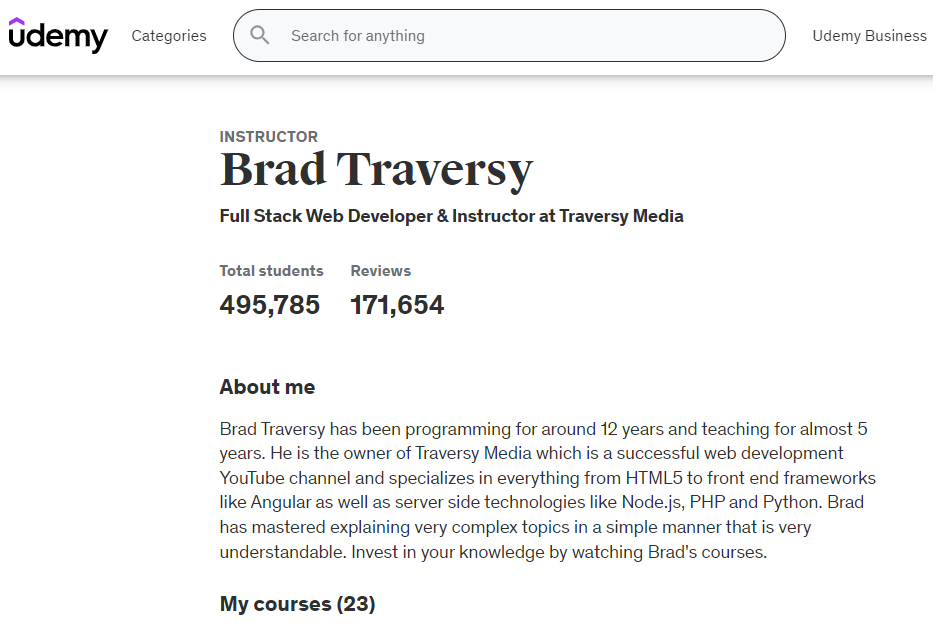 صورة شاشة من صفحة حساب Brad Traversy على يوديمي