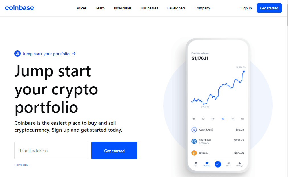 صورة شاشة توضح واجهة منصة Coinbase