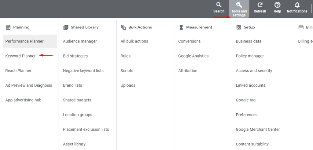 الدخول على Keyword Planner من حسابك الإعلاني