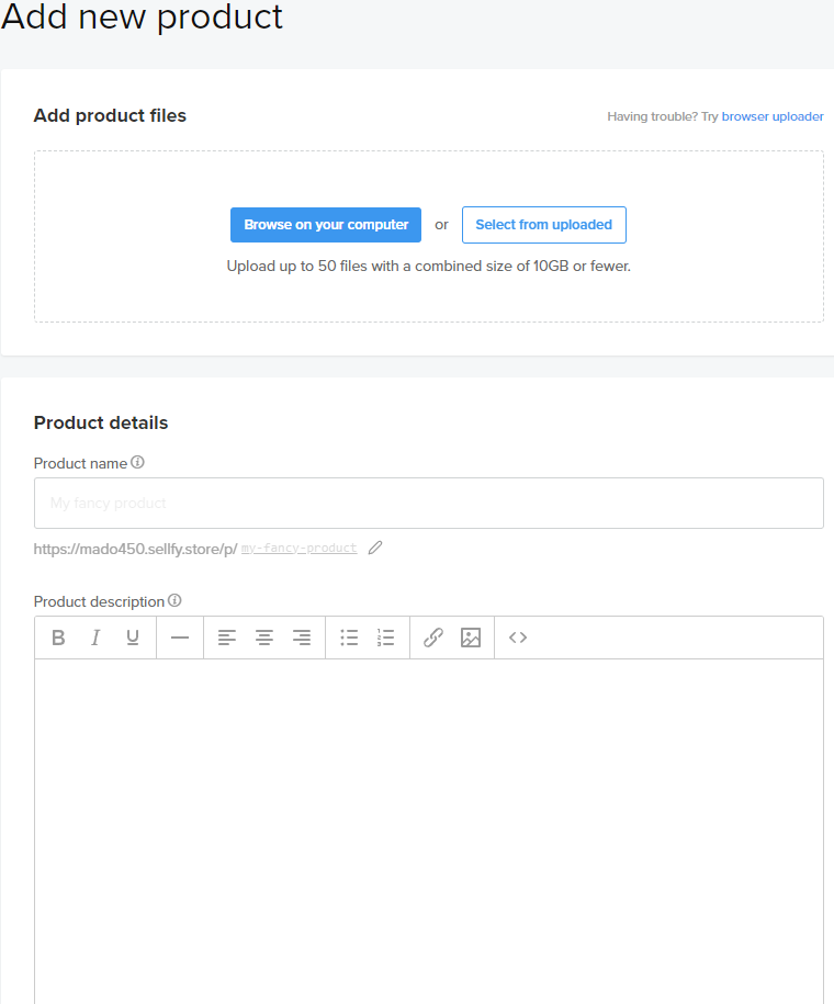 إضافة بيانات المنتجات في Sellfy