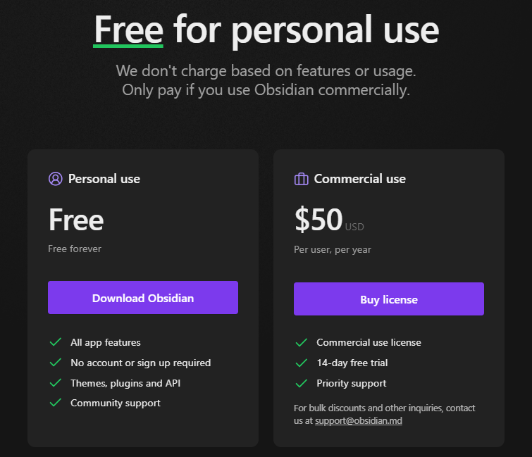 خطط أسعار أداة Obsidian