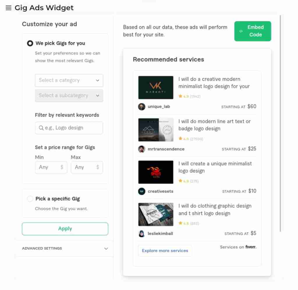صورة تعرض واجهة أداة إعلانات الخدمات في فايفر (Fiverr Gig Ads Widget)