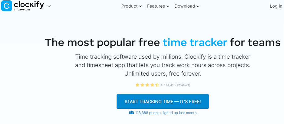 صورة شاشة من الصفحة الرئيسية للموقع الرسمي لأداة Clockify