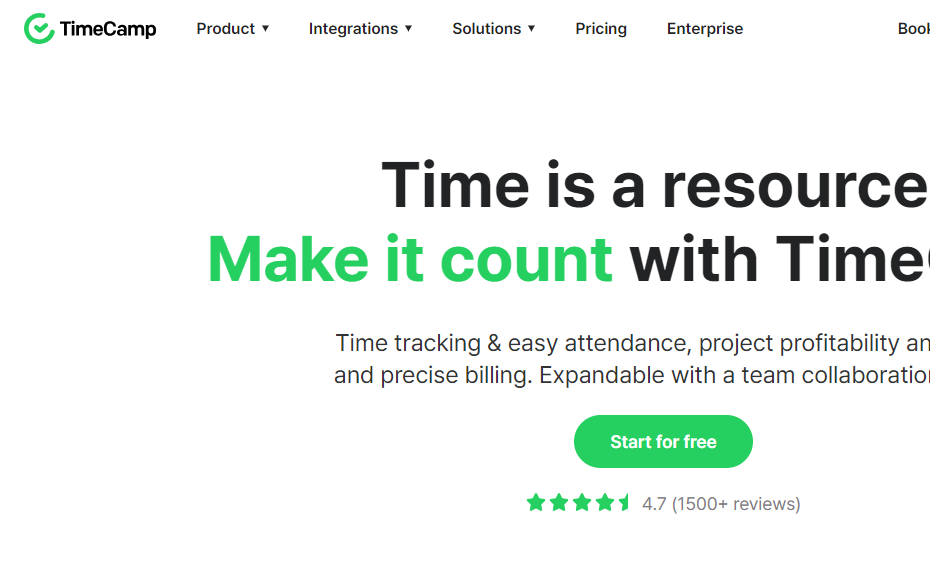 صورة شاشة للصفحة الرئيسية للموقع الرسمي لأداة TimeCamp