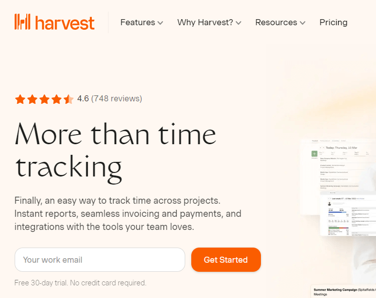 صورة شاشة من الصفحة الرئيسية للموقع الرسمي لاداة Harvest