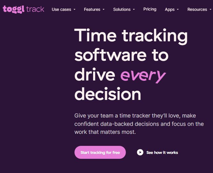 صورة شاشة للصفحة الرئيسية لأداة Toggl Track