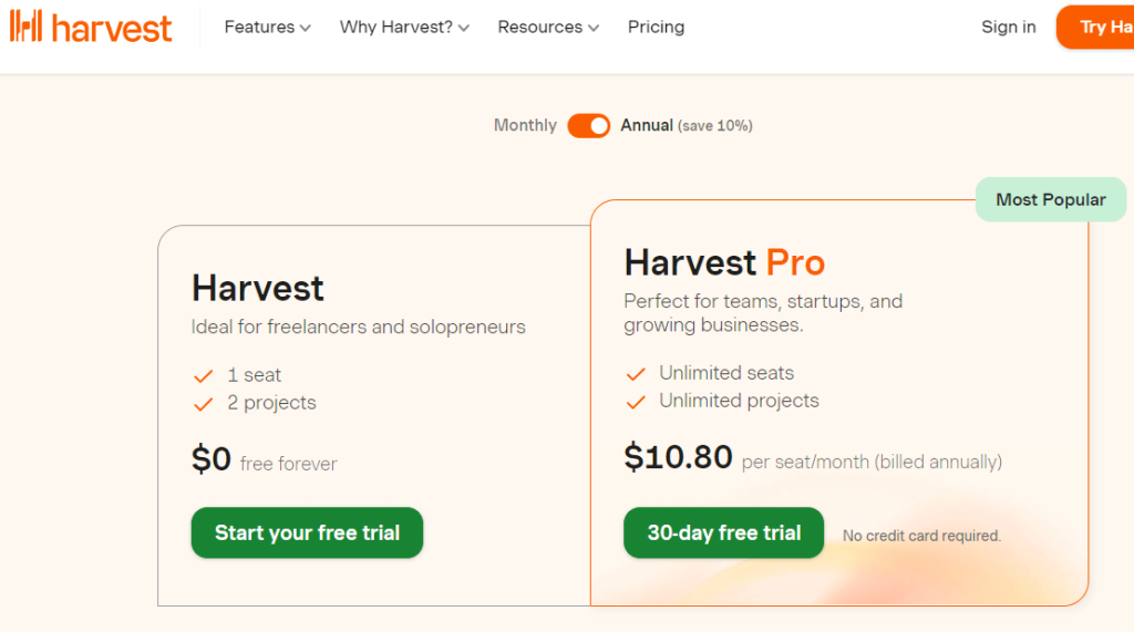 صورة شاشة من صفحة تسعير أداة Harvest الرسمية