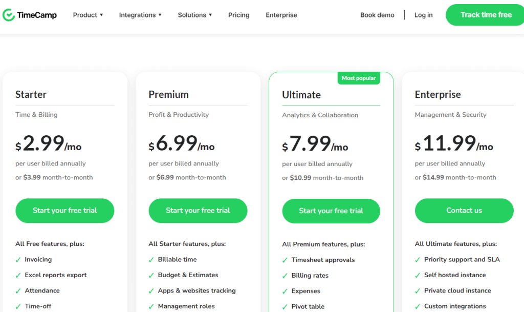 صورة شاشة من صفحة تسعير أداة Timecamp الرسمية