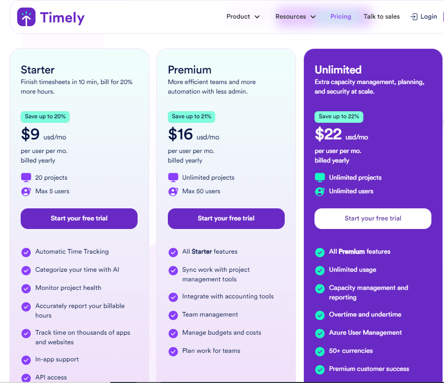 صورة شاشة من صفحة تسعير أداة Timely الرسمية توضح تفاصيل أسعار الأداة