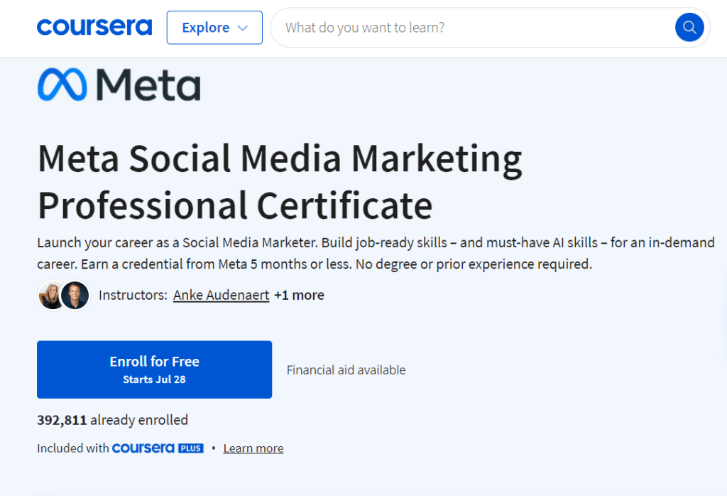 صورة شاشة توضح تفاصيل كورس Meta Social Media Marketing Professional Certificate