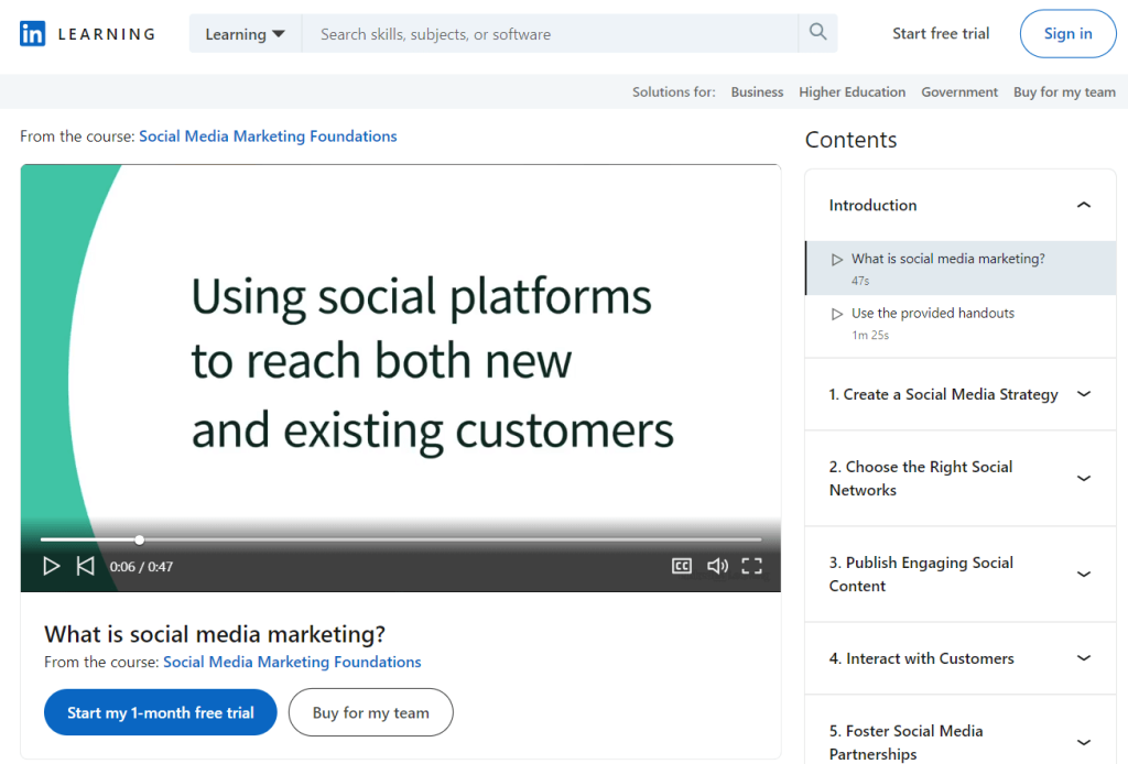 صورة شاشة توضح تفاصيل كورس Social Media Marketing Foundations