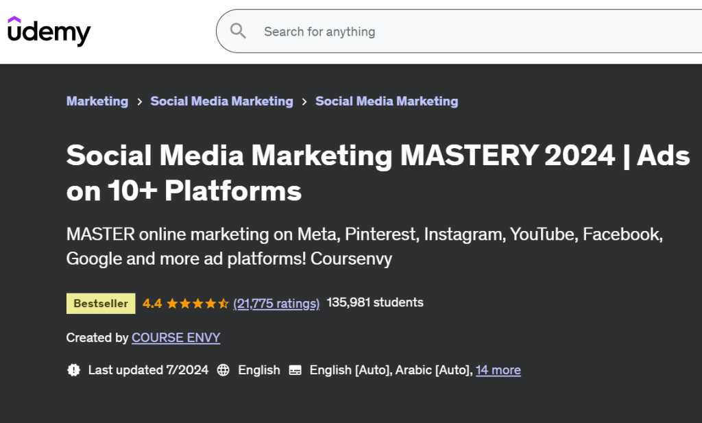 صورة شاشة توضح تفاصيل كورس Social Media Marketing MASTERY