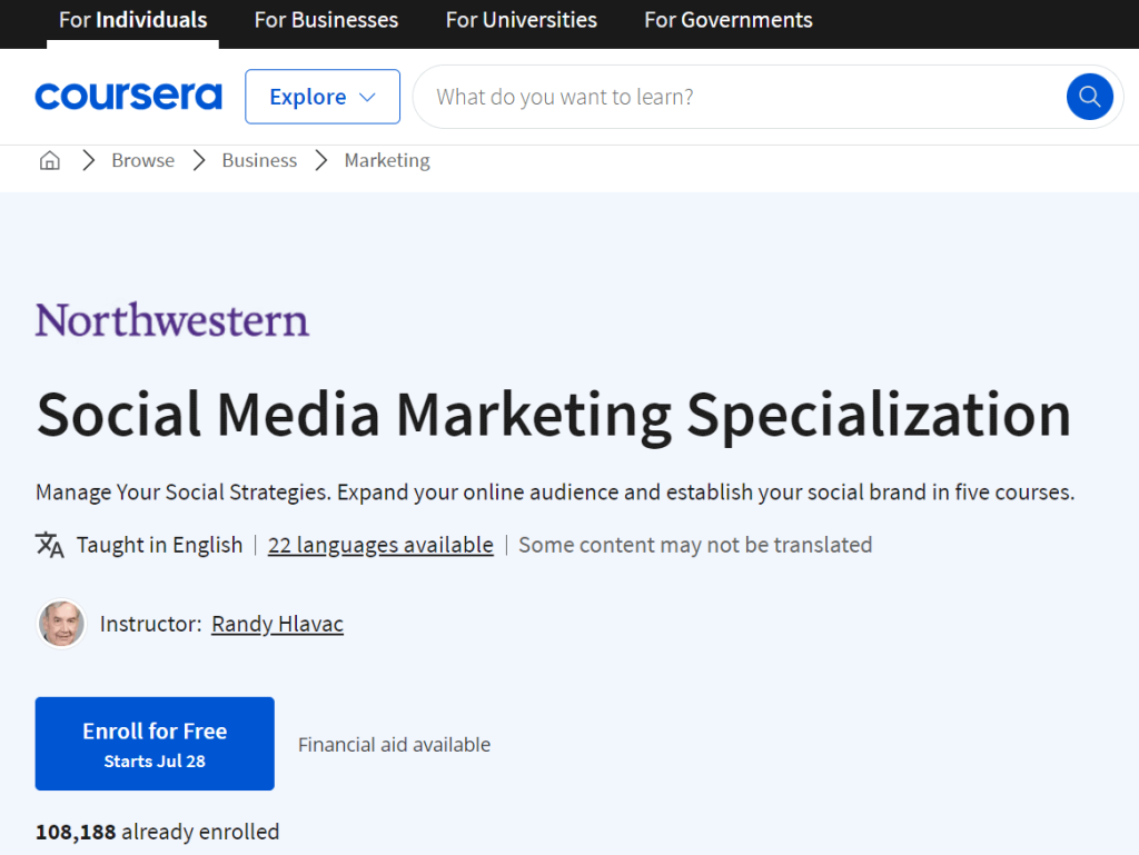 صورة شاشة توضح تفاصيل كورس Social Media Marketing Specialization