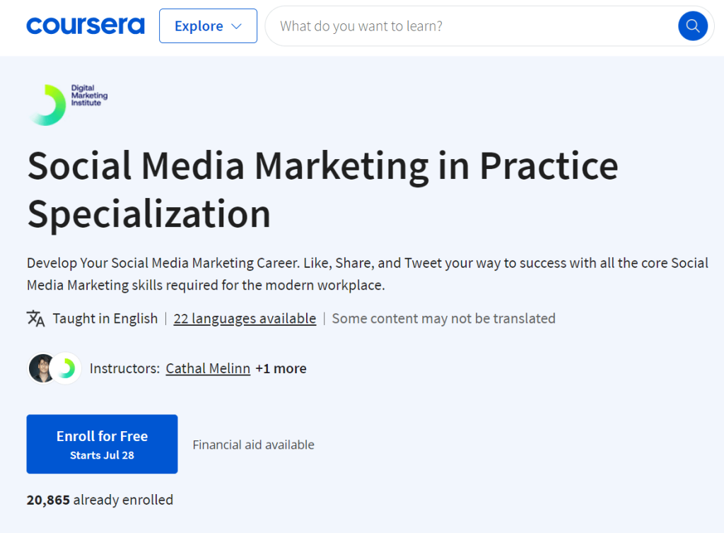 صورة شاشة توضح تفاصيل كورس Social Media Marketing in Practice Specialization
