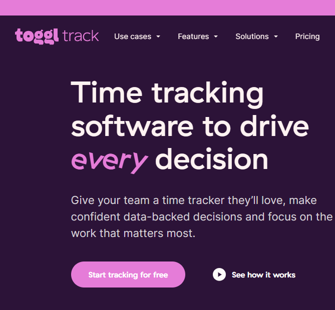 صورة شاشة من الصفحة الرئيسية للموقع الرسمي لأداة Toggl Track