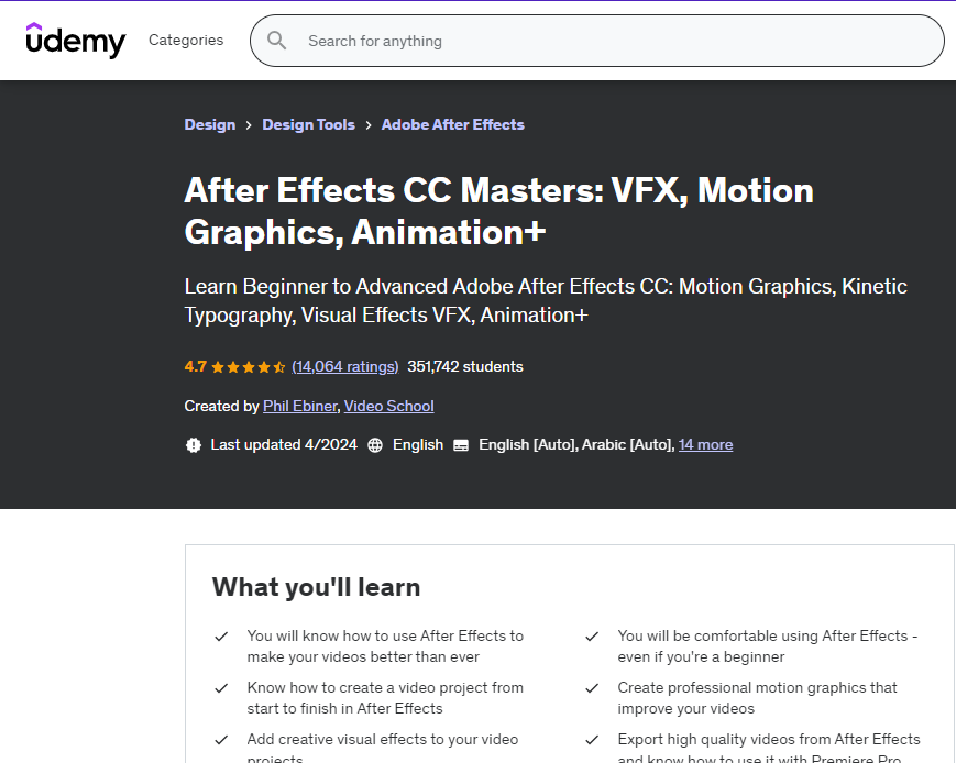 أفضل كورسات موشن جرافيك لتعلم وإتقان الرسوم المتحركة في 2024 10 صورة شاشة من صفحة كورس After Effects CC Masters VFX, Motion Graphics, Animation+