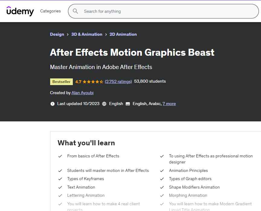 أفضل كورسات موشن جرافيك لتعلم وإتقان الرسوم المتحركة في 2024 6 صورة شاشة من صفحة كورس After Effects Motion Graphics Beast