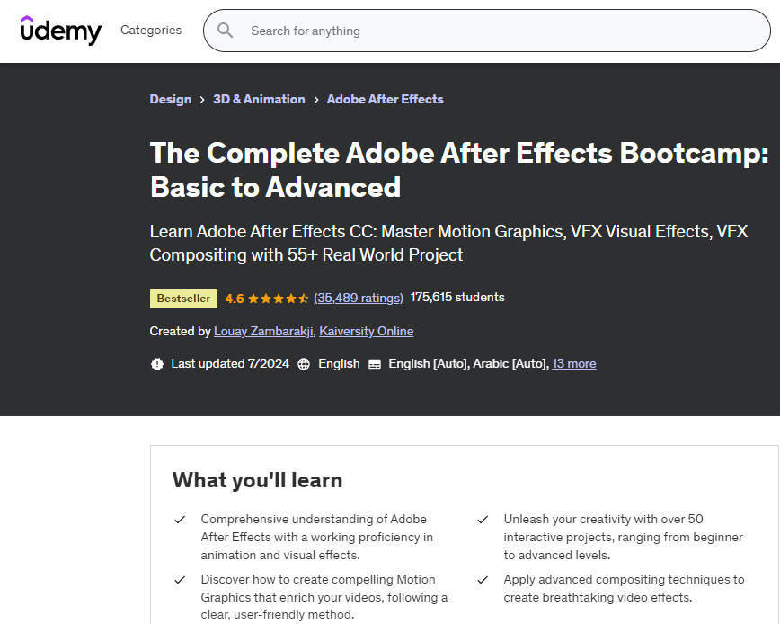 أفضل كورسات موشن جرافيك لتعلم وإتقان الرسوم المتحركة في 2024 7 صورة شاشة من صفحة كورس The Complete Adobe After Effects Bootcamp Basic to Advanced