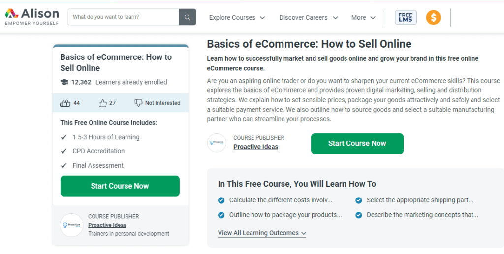 صورة شاشة توضح تفاصيل كورس Basics of eCommerce How to Sell Online