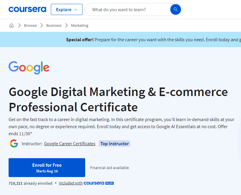 صورة شاشة توضح تفاصيل كورس Google Digital Marketing & E-commerce Professional Certificate