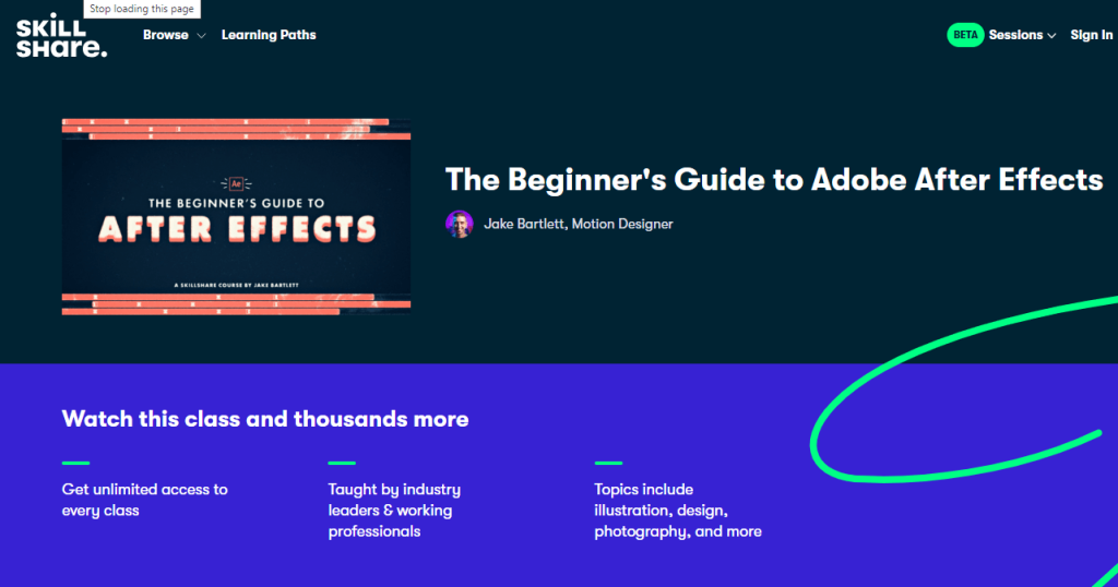 صورة شاشة من صفحة كورس The Beginner's Guide to Adobe After Effects
