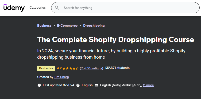 صورة شاشة توضح تفاصيل كورس The Complete Shopify Dropshipping Course