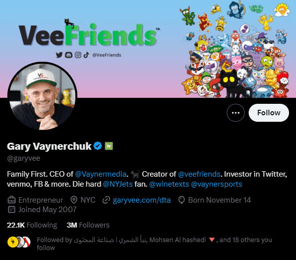 صورة شاشة من حساب رائد الأعمال Gary Vaynerchuk كمثال لتحسين الملف الشخصي على إكس
