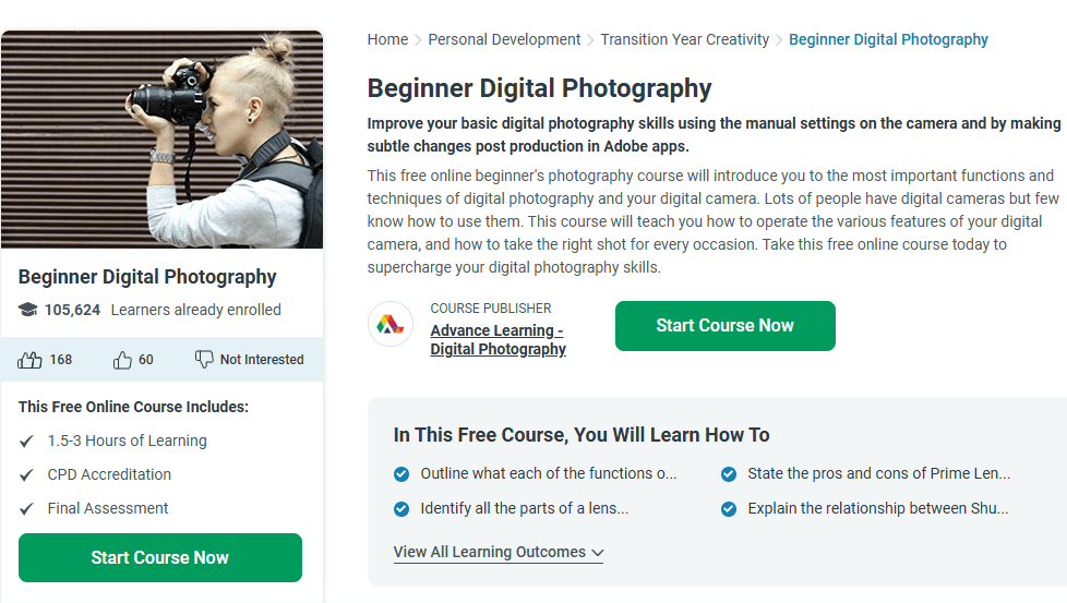 صورة شاشة توضح تفاصيل كورس Beginner Digital Photography