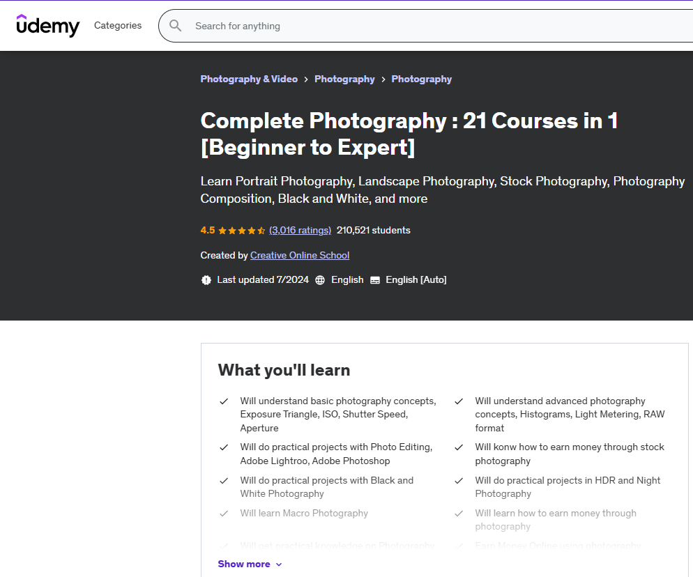 صورة شاشة توضح تفاصيل كورس Complete Photography  21 Courses in 1 [Beginner to Expert]