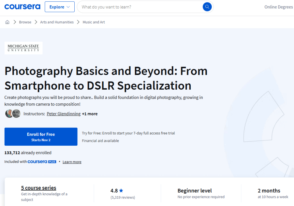 صورة شاشة توضح تفاصيل كورس Photography Basics and Beyond
