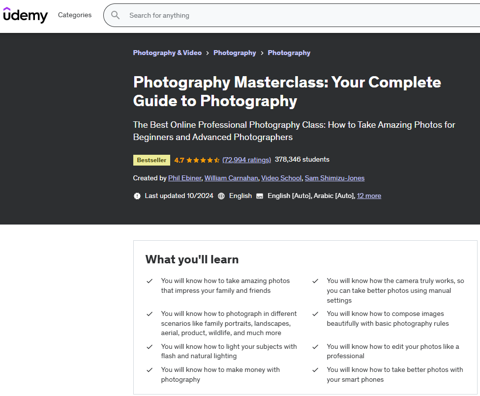 صورة شاشة توضح تفاصيل كورس Photography Masterclass Your Complete Guide to Photography