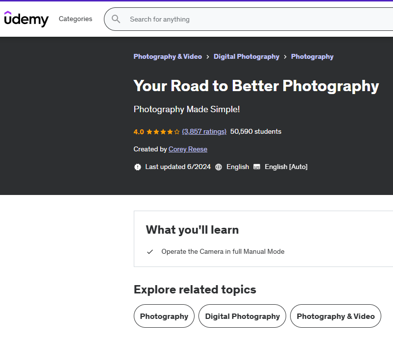 صورة شاشة توضح تفاصيل كورس Your Road to Better Photography