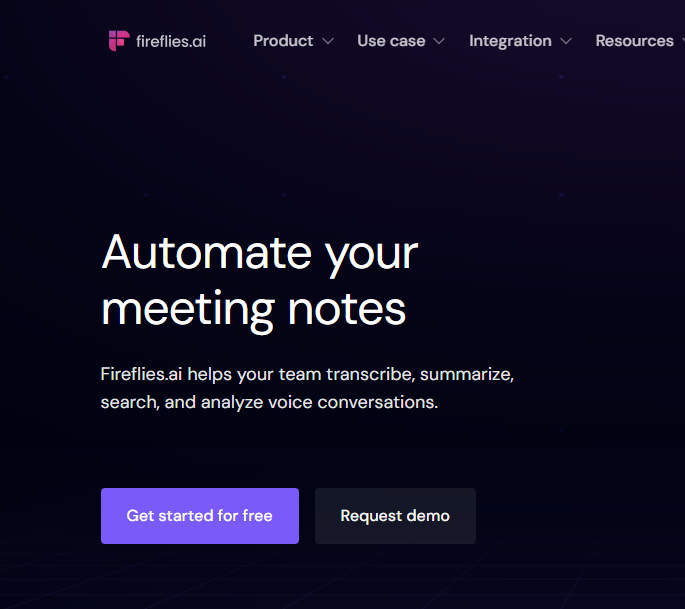 واجهة موقع Fireflies.ai تعرض شعار الأداة ورسالة رئيسية تسلط الضوء على ميزاتها في أتمتة ملاحظات الاجتماعات وتحليل المحادثات الصوتية