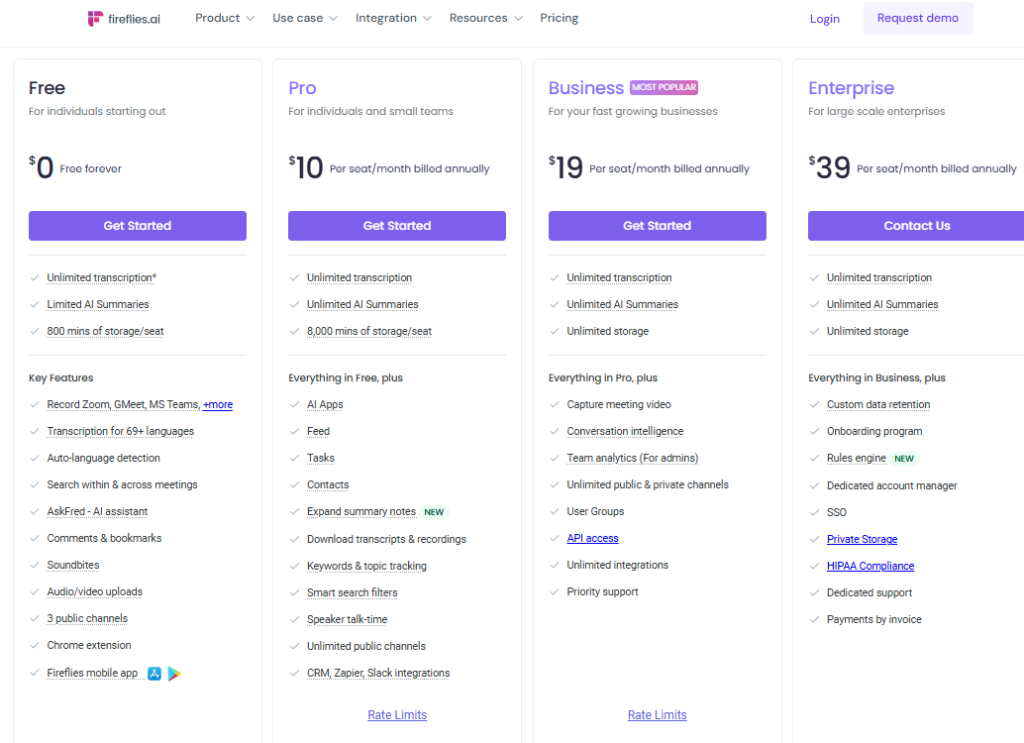 صورة تعرض تفاصيل خطط التسعير لأداة Fireflies، بدءًا من الخطة المجانية وصولًا إلى خطة المؤسسات الكبيرة، مع المميزات الرئيسية لكل خطة