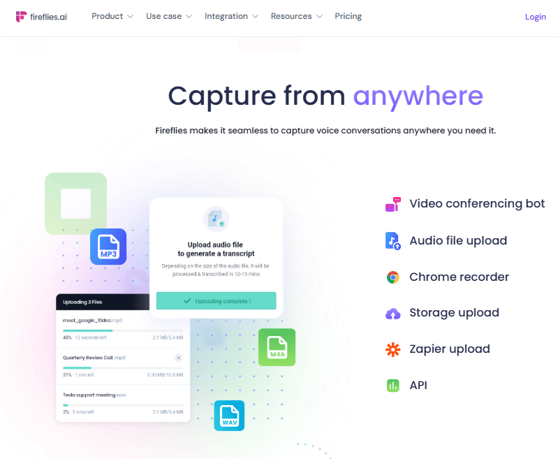 صورة تعرض خيارات الاستخدام المختلفة لأداة Fireflies، بما في ذلك بوت مؤتمرات الفيديو، رفع الملفات الصوتية، تسجيل الاجتماعات عبر إضافة كروم، والتكامل مع Zapier وواجهات برمجة التطبيقات (API).