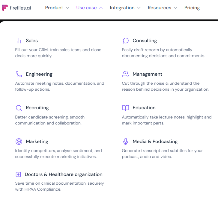 صورة تسلط الضوء على الاستخدامات المتنوعة لأداة Fireflies في عدة مجالات، مثل المبيعات، الإدارة، التعليم، التسويق، والهندسة، مع شرح موجز لكل استخدام