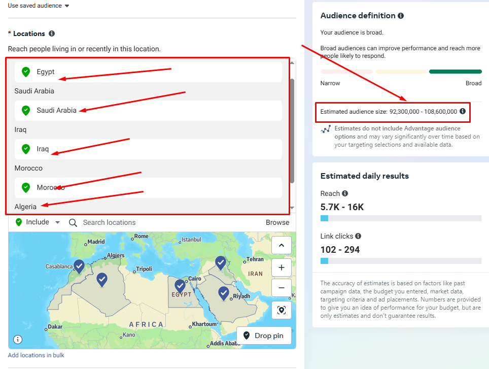 إحصائيات حجم الجمهور المحتمل على فيسبوك في مصر، السعودية، العراق، المغرب، والجزائر وفقًا لمدير الإعلانات في فيسبوك، توضح نطاق الجمهور الذي يمكن استهدافه عبر الحملات الإعلانية في الشرق الأوسط وشمال إفريقيا لعام 2025.