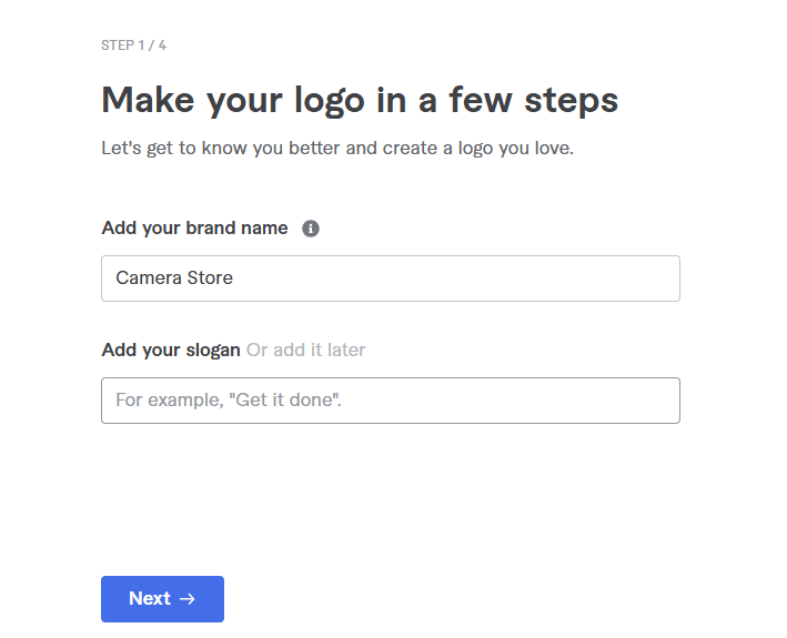 إدخال اسم العلامة التجارية والشعار في الخطوة الأولى من أداة Fiverr Logo Maker لتخصيص تصميم الشعار.