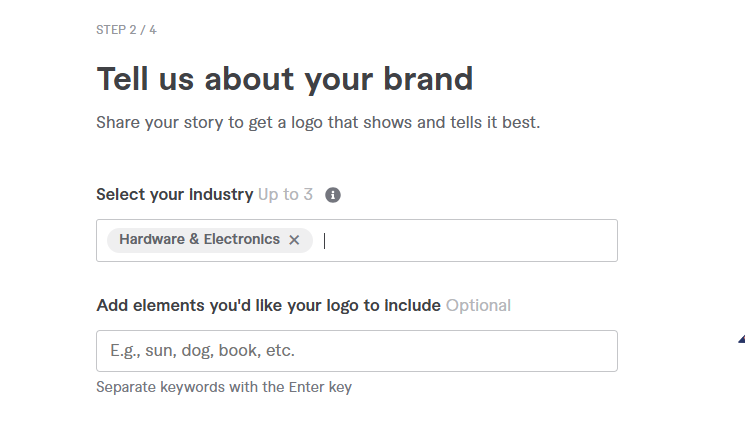 اختيار مجال العمل وتحديد العناصر التي يمكن تضمينها في الشعار خلال الخطوة الثانية من تصميم الشعار عبر Fiverr.