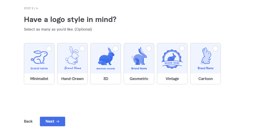 تحديد أسلوب التصميم المرغوب للشعار مثل النمط البسيط أو ثلاثي الأبعاد أو الكلاسيكي في الخطوة الثالثة.