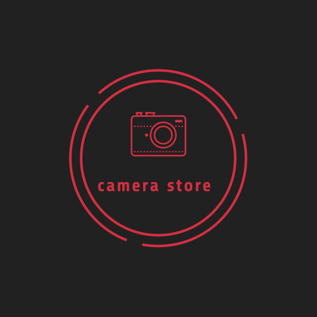 شعار متجر كاميرات تم تصميمه باستخدام أداة Shopify Logo Maker بخلفية داكنة وتصميم عصري باللون الأحمر